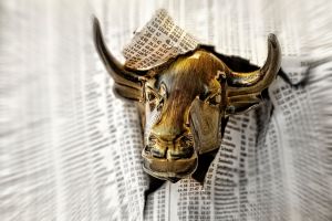Bull looking through torn page of newspaper