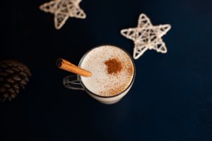 Homemade Traditional Christmas Drink Eggnog With Spices And Cinnamon. Winter Holidays