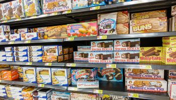 Walmart shelves selling junk food.