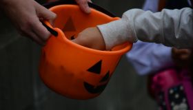 Cropped Image Of Hands Picking Candy From Halloween Basket